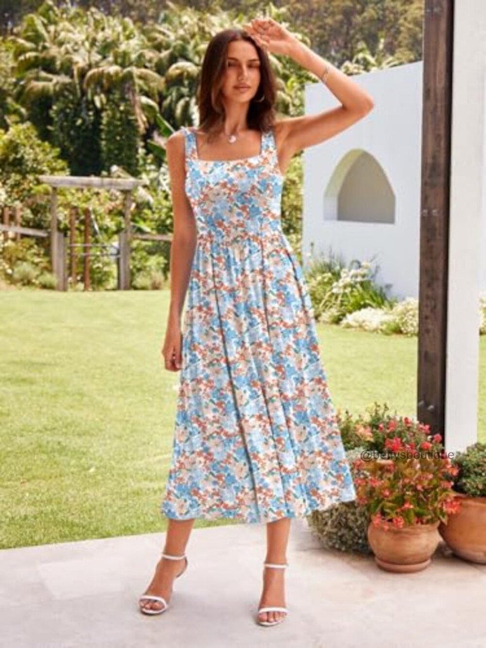 Midi Dress Square Neck Tank Sleeveless A Line Summer Dress with Pockets - Picture 6 of 7